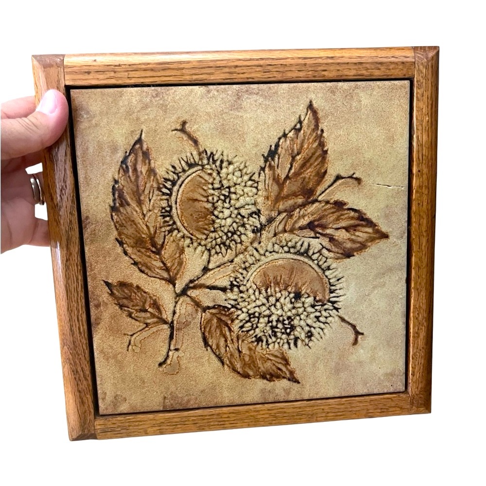 Vintage Italian Handpainted Glazed Leaf Ceramic Tile Trivet Wood Wall Art Plate
